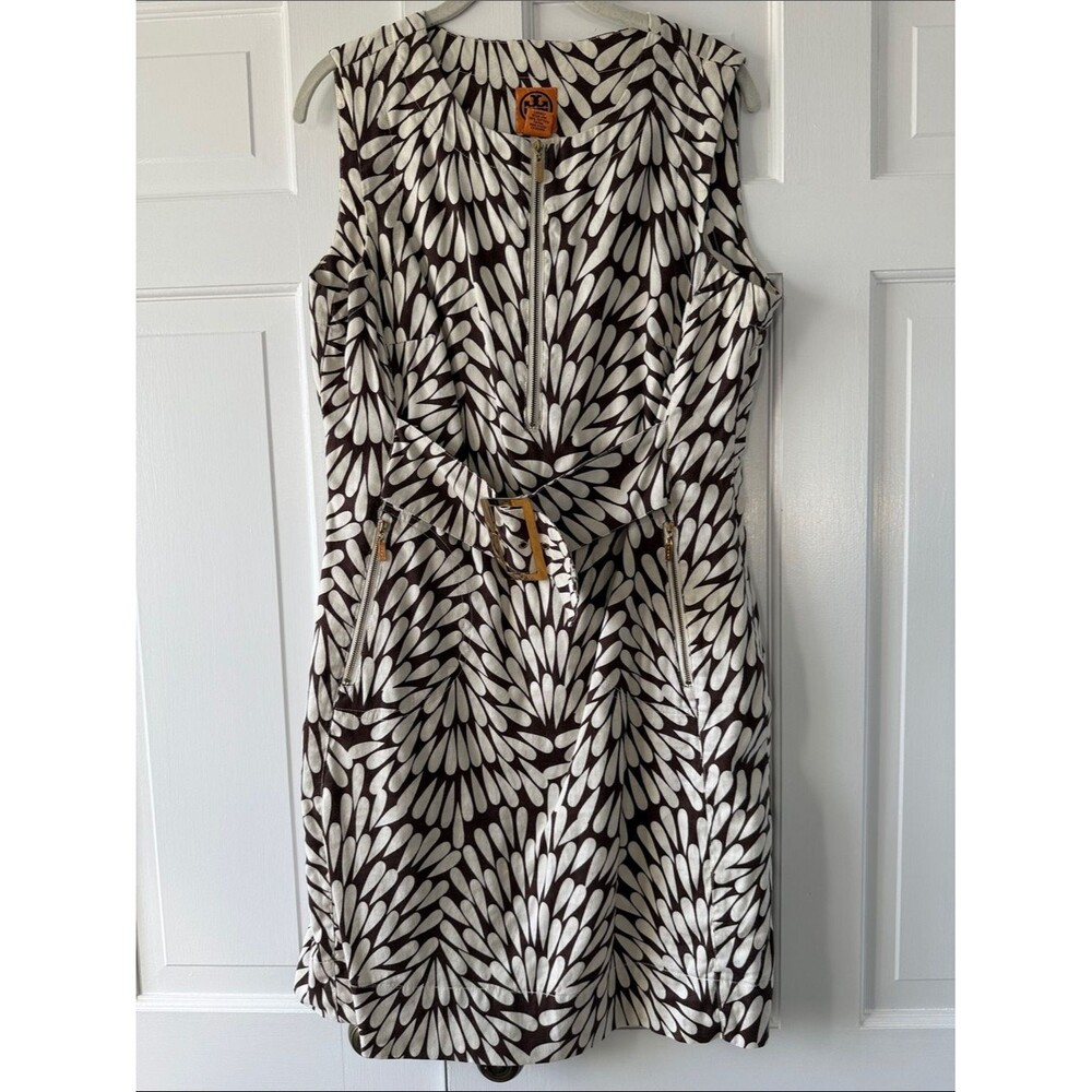 Tory Burch Brown White Floral Belted Mini Dress with Gold Buckle Zipper Size 12